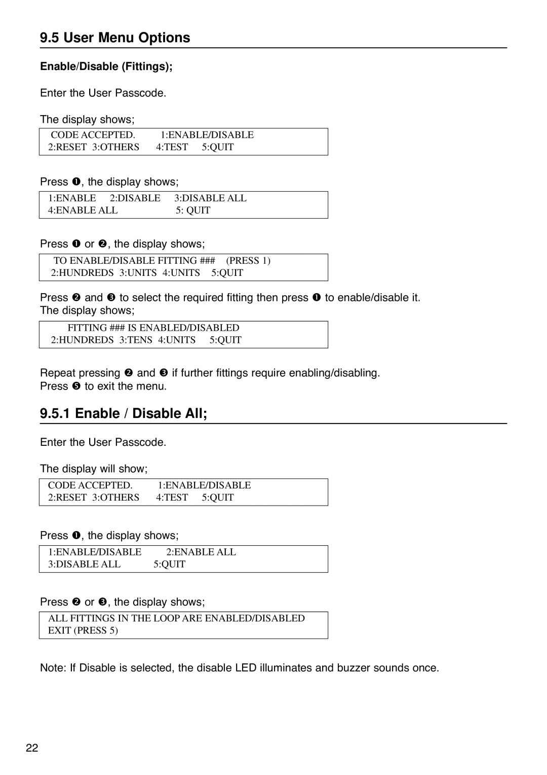 Cooper Lighting 1001 installation instructions User Menu Options, Enable / Disable All, Enable/Disable Fittings 