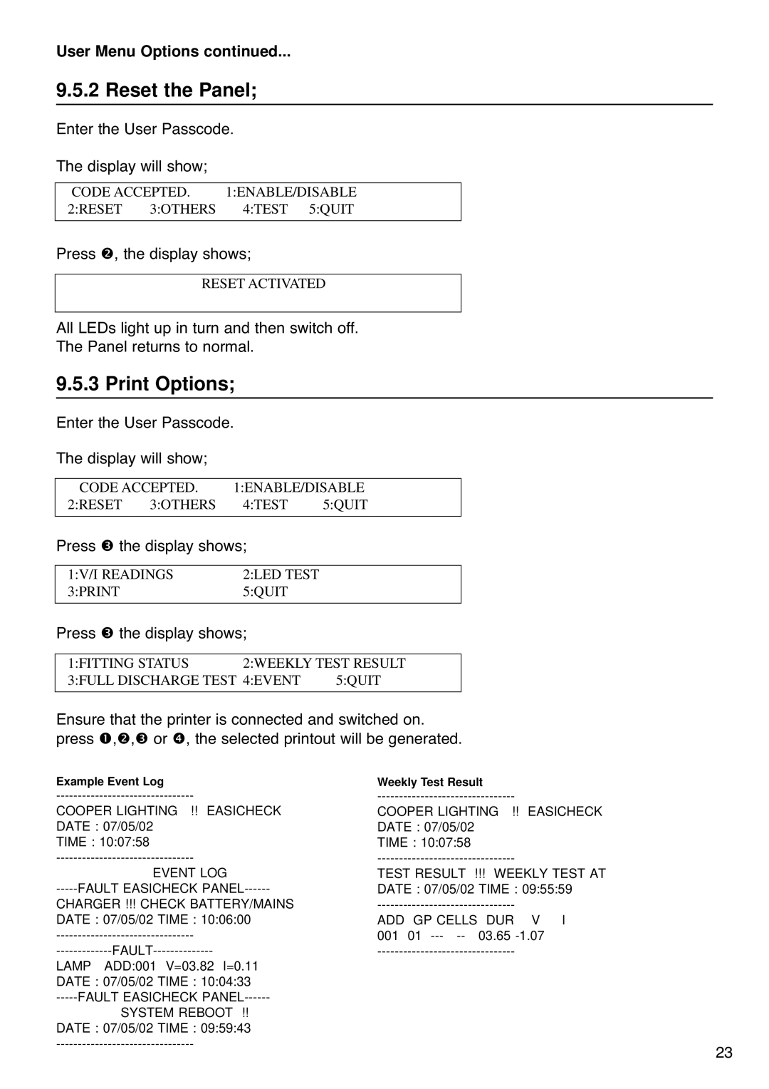 Cooper Lighting 1001 installation instructions Reset the Panel, Print Options, User Menu Options 