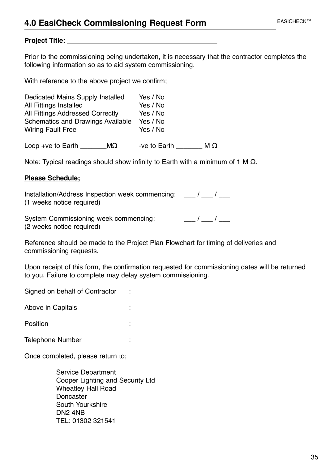 Cooper Lighting 1001 installation instructions EasiCheck Commissioning Request Form, Project Title, Please Schedule 