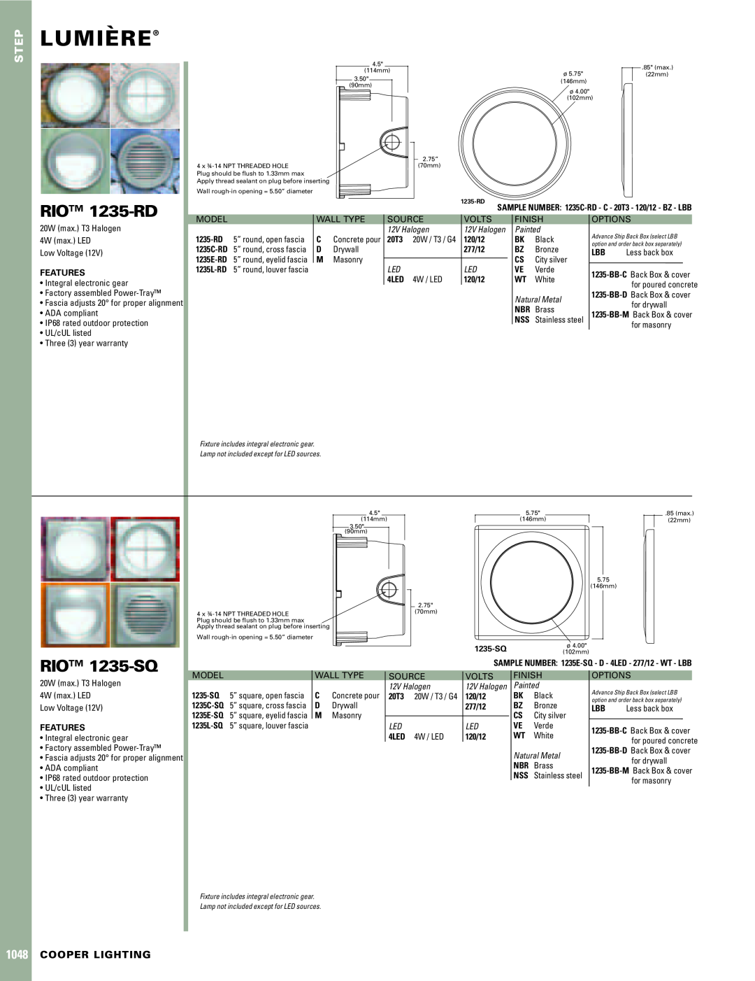 Cooper Lighting 1048 warranty Lumiere`, RIO 1235-RD, RIO 1235-SQ, Step, Cooper Lighting, 12V Halogen, Painted 