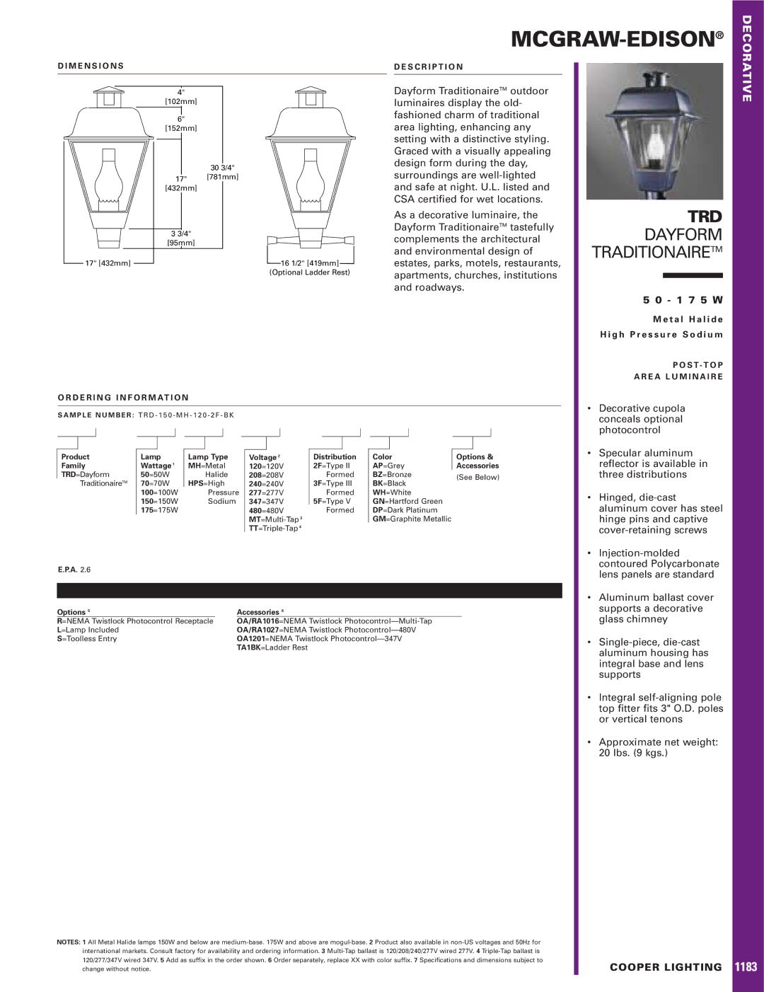 Cooper Lighting 1183 specifications Mcgraw-Edison, M E N S I O N S S C R I P T I O N, D E R I N G I N F O R M At I O N 