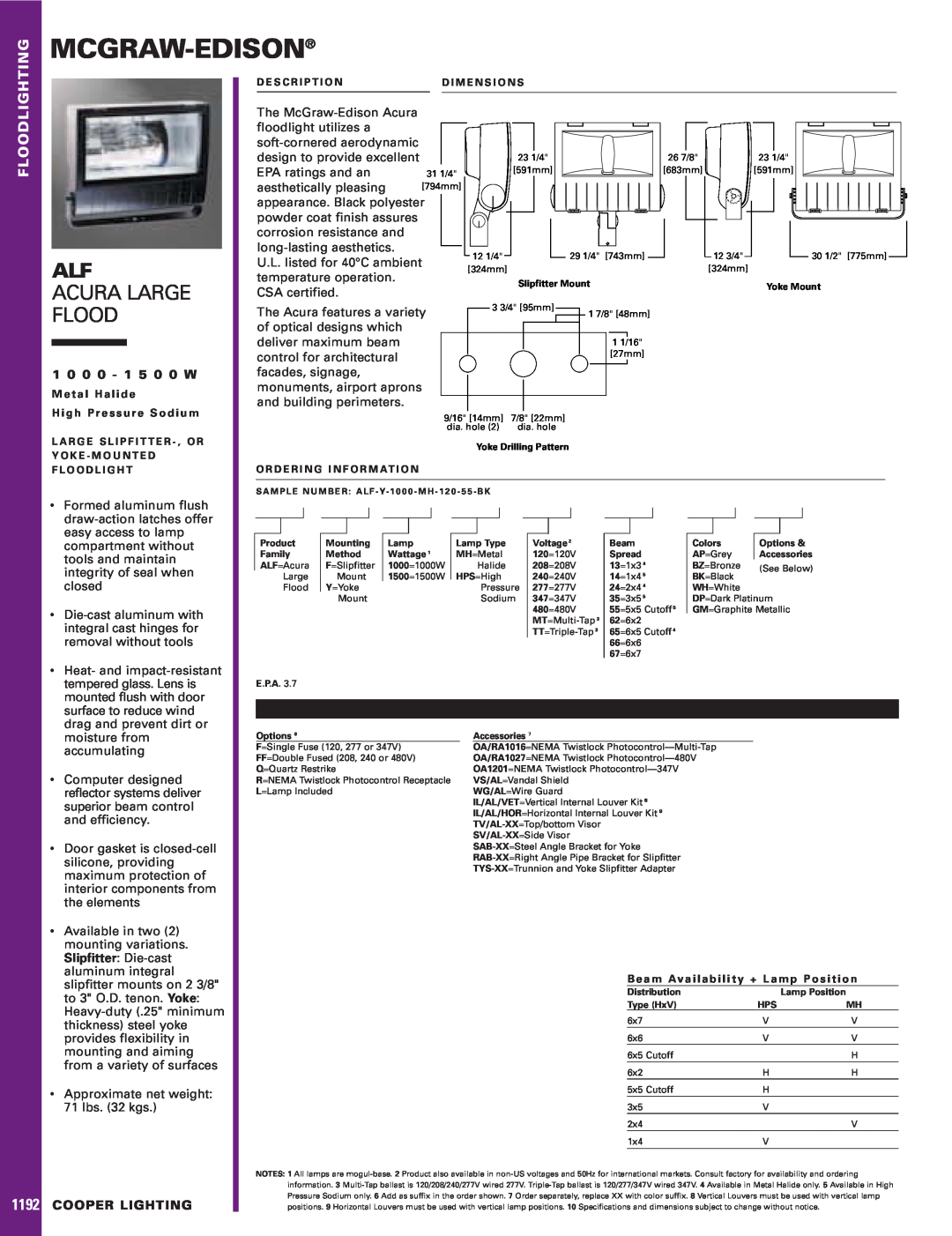 Cooper Lighting 1192 specifications Mcgraw-Edison, Floodlighting, 1 0 0 0 - 1 5 0 0 W, Slipfitter Die-cast 