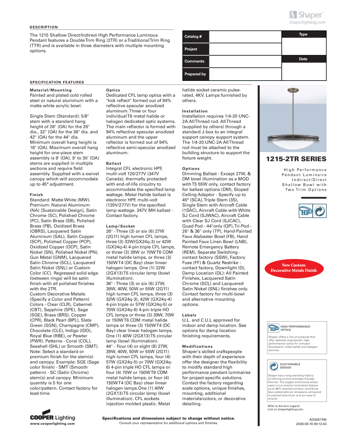 Cooper Lighting 1215-2TR SERIES specifications 1215-2TR Series 