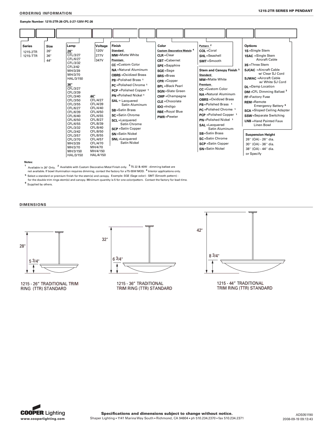 Cooper Lighting 1215-2TR SERIES specifications Dimensions 