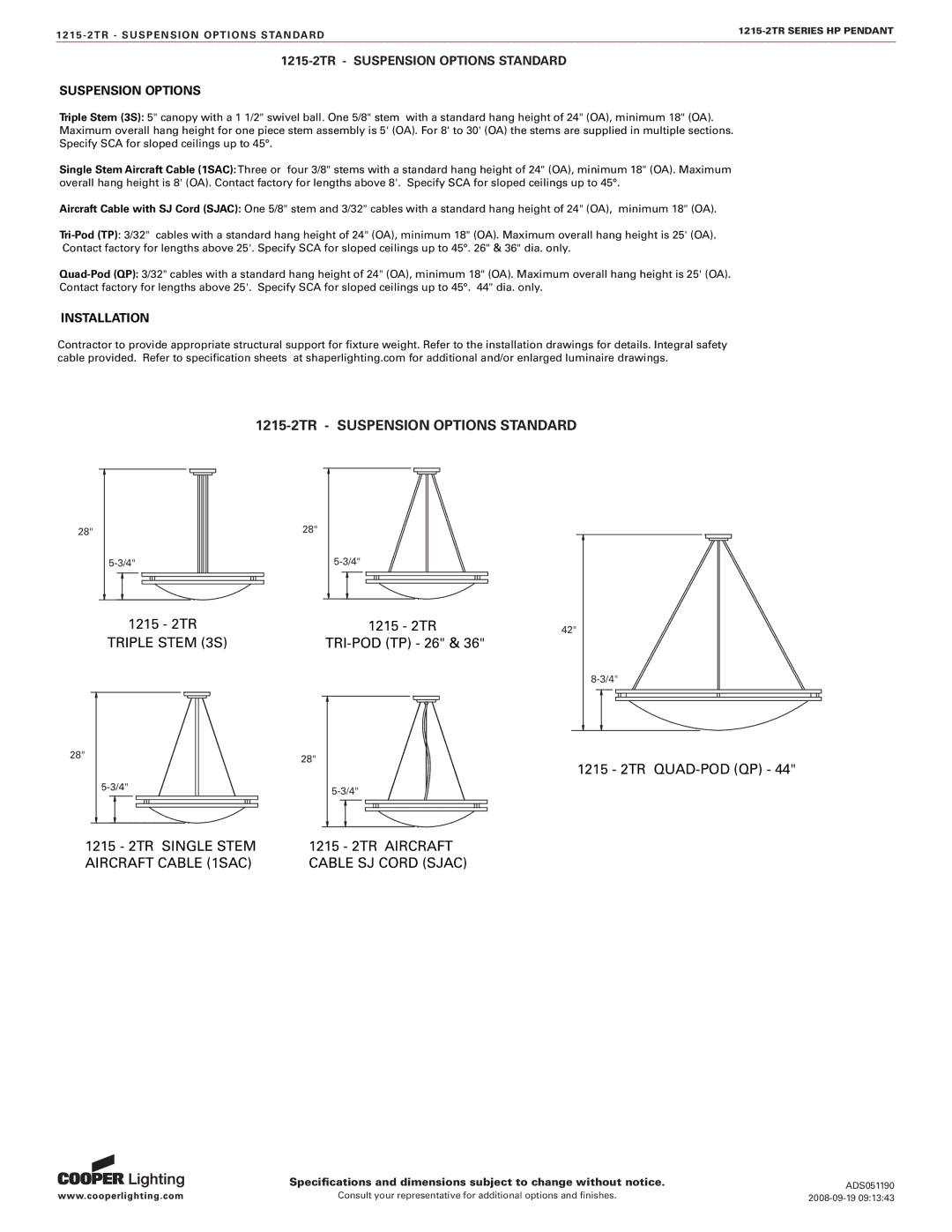 Cooper Lighting 1215-2TR SERIES specifications 1215-2TR Suspension Options Standard 