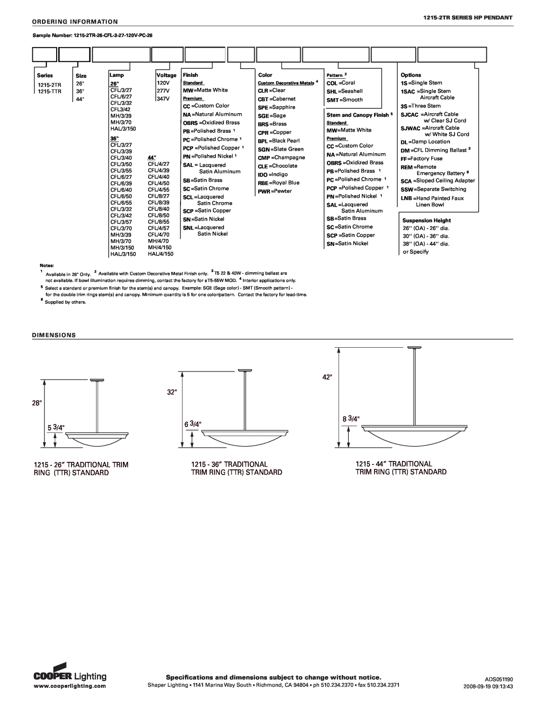 Cooper Lighting 1215-2TR SERIES 32 28 5 3/4, 1215 - 26” TRADITIONAL TRIM RING TTR STANDARD, 42 6 3/4, 8 3/4, Series, Size 