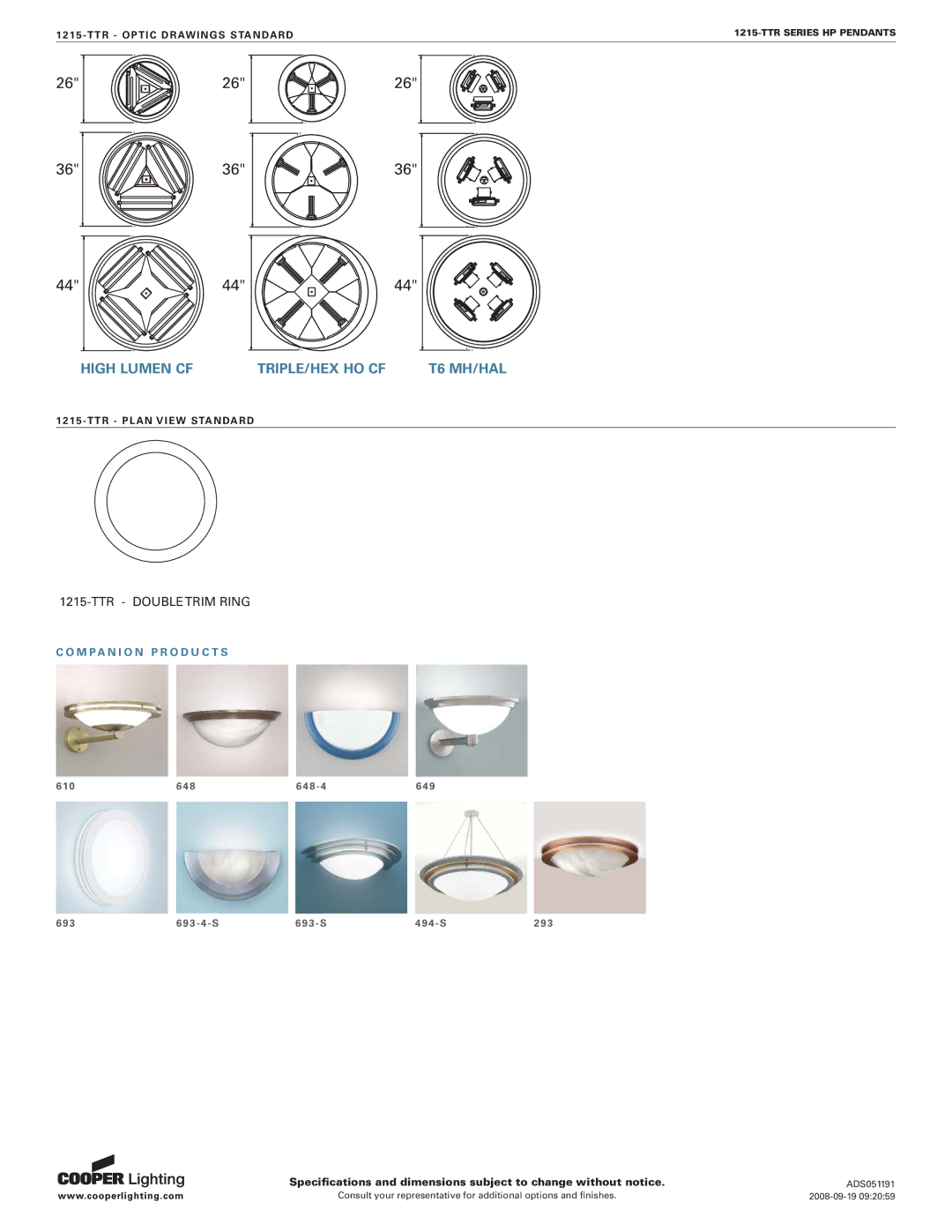 Cooper Lighting 1215-TTR Series specifications High Lumen CF TRIPLE/HEX HO CF T6 MH/HAL 