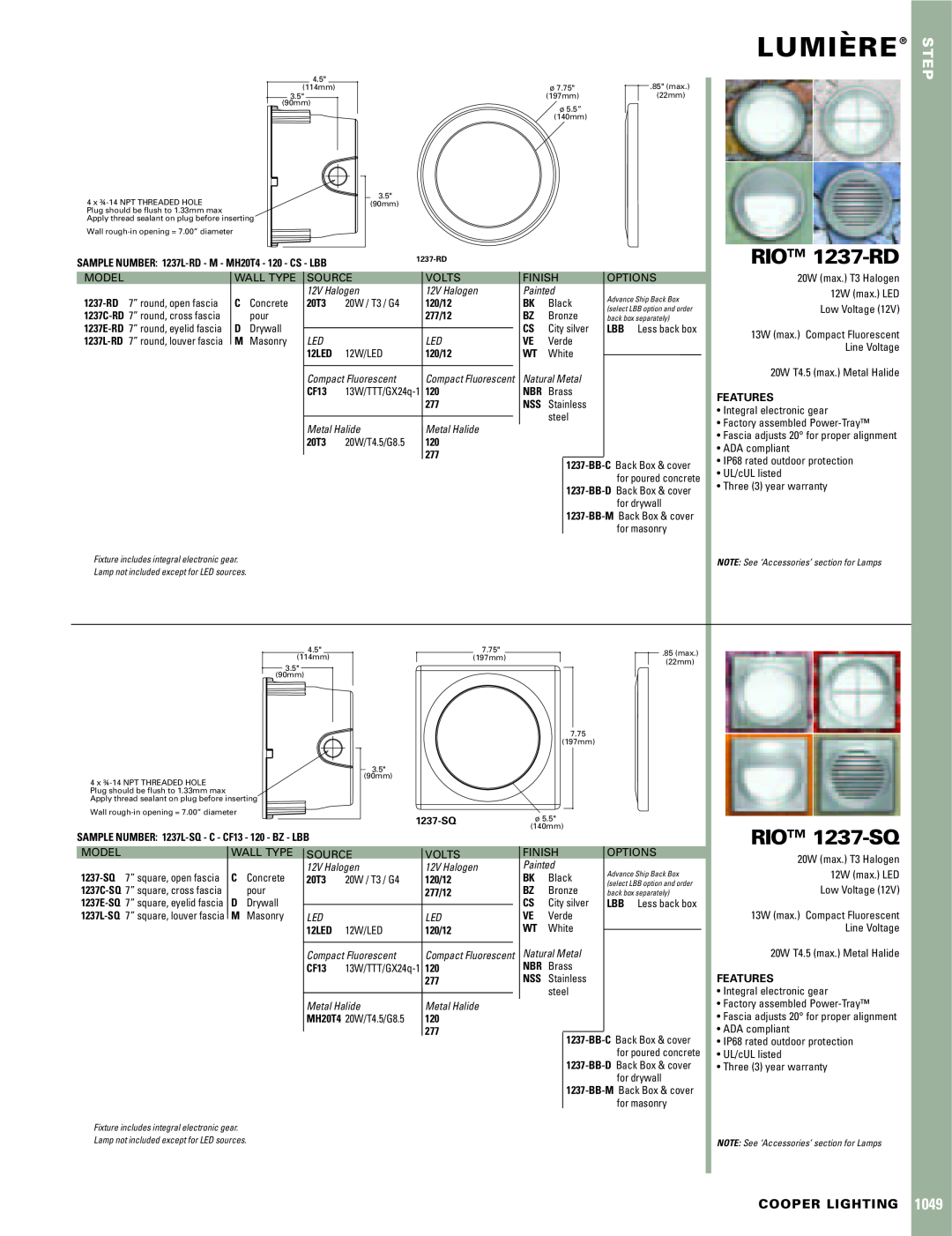 Cooper Lighting 1049 warranty Lumiere`, RIO 1237-RD, RIO 1237-SQ, Step, Cooper Lighting 