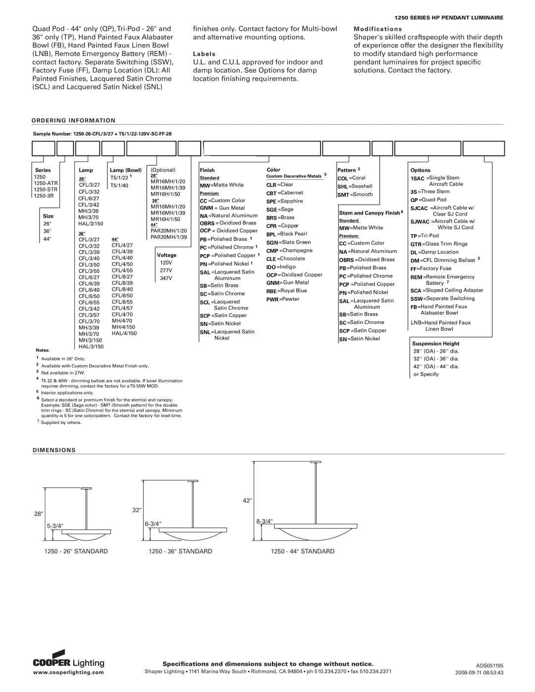 Cooper Lighting 1250 Series specifications Ordering Information 