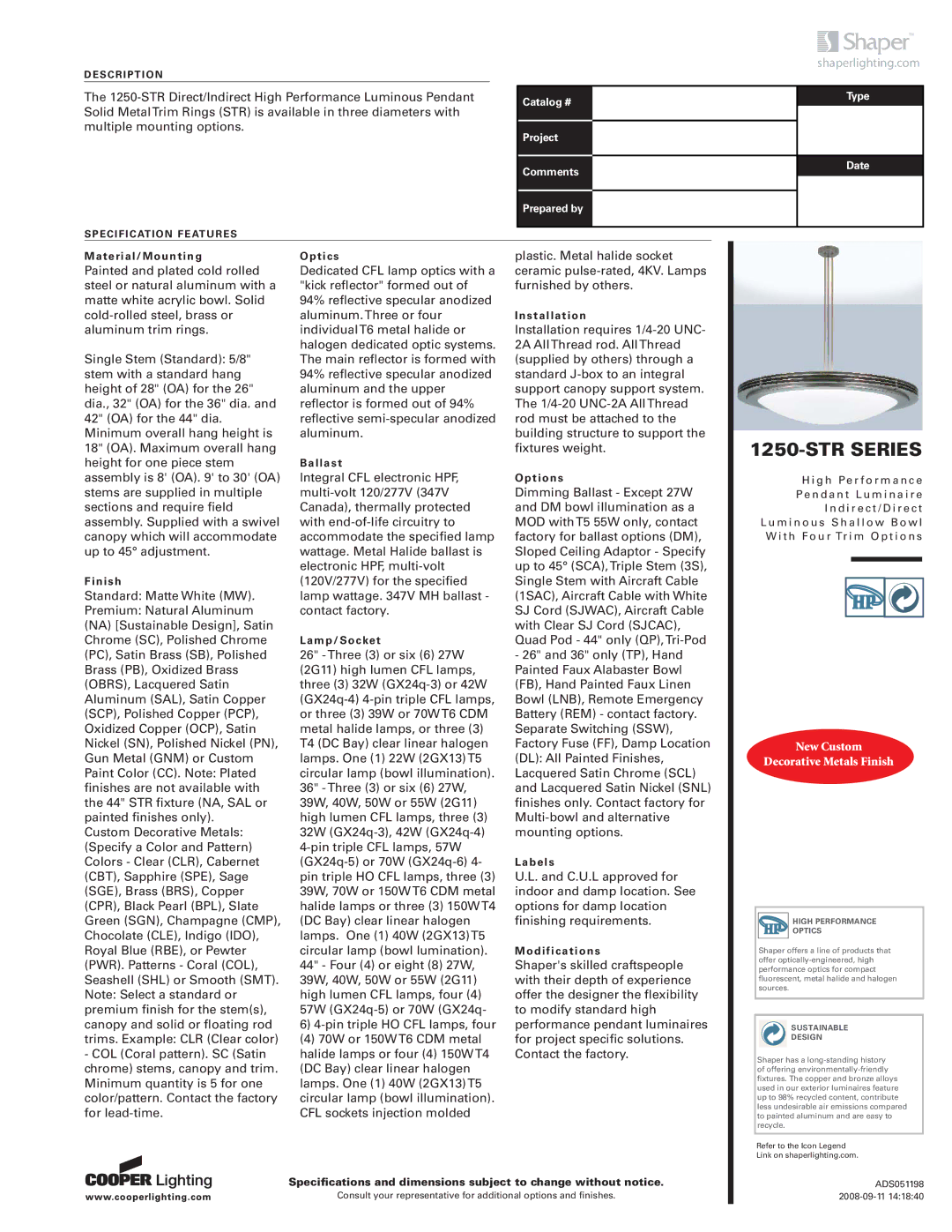 Cooper Lighting 1250-STR SERIES specifications STR Series 
