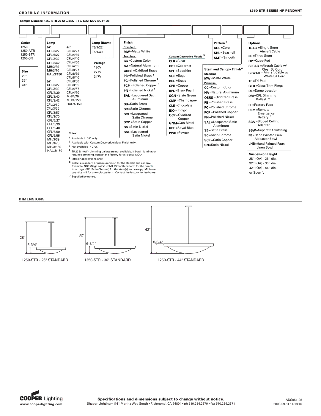 Cooper Lighting 1250-STR SERIES specifications Ordering Information 