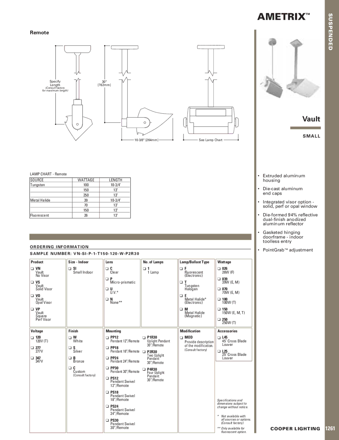 Cooper Lighting 1261 specifications Ametrix, Vault, Remote, A L L, Cooper Lighting 