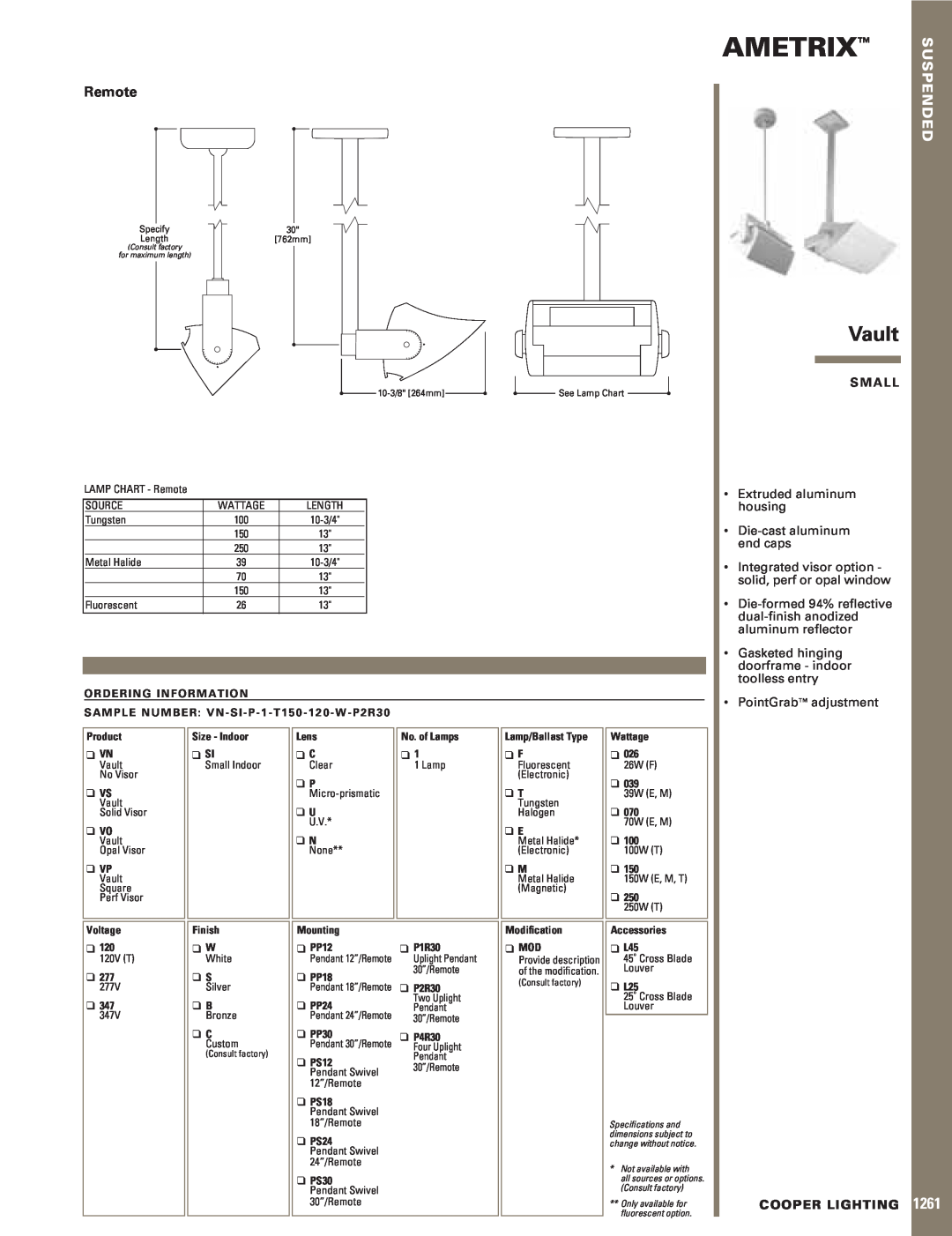Cooper Lighting 1261 specifications Ametrix, Vault, Remote, Suspended, S M A L L, Extruded aluminum housing 