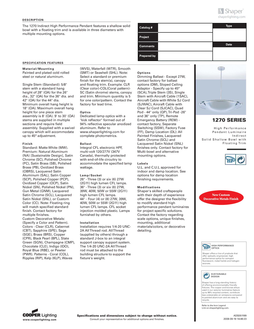 Cooper Lighting 1270 Series specifications 