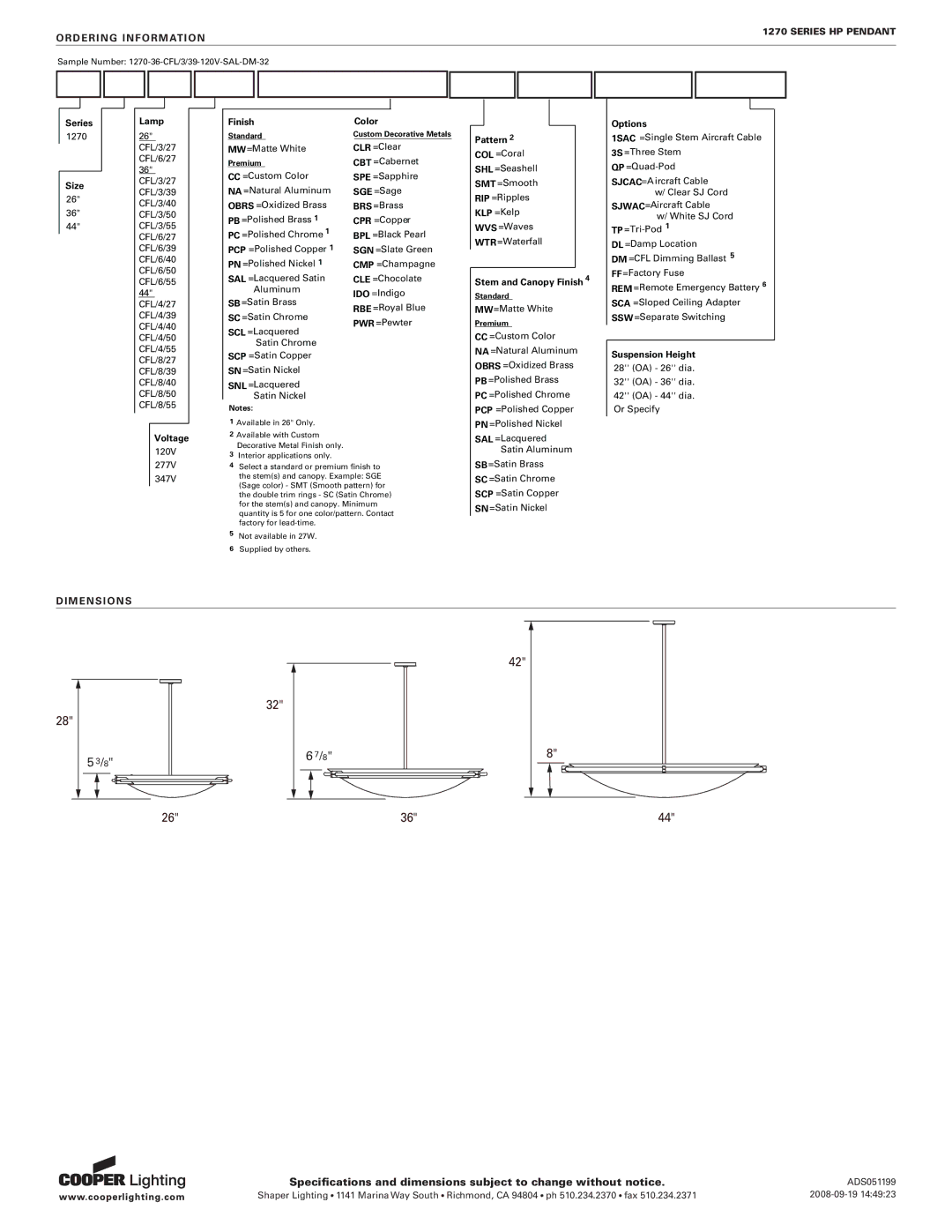 Cooper Lighting 1270 Series specifications Ordering Information 