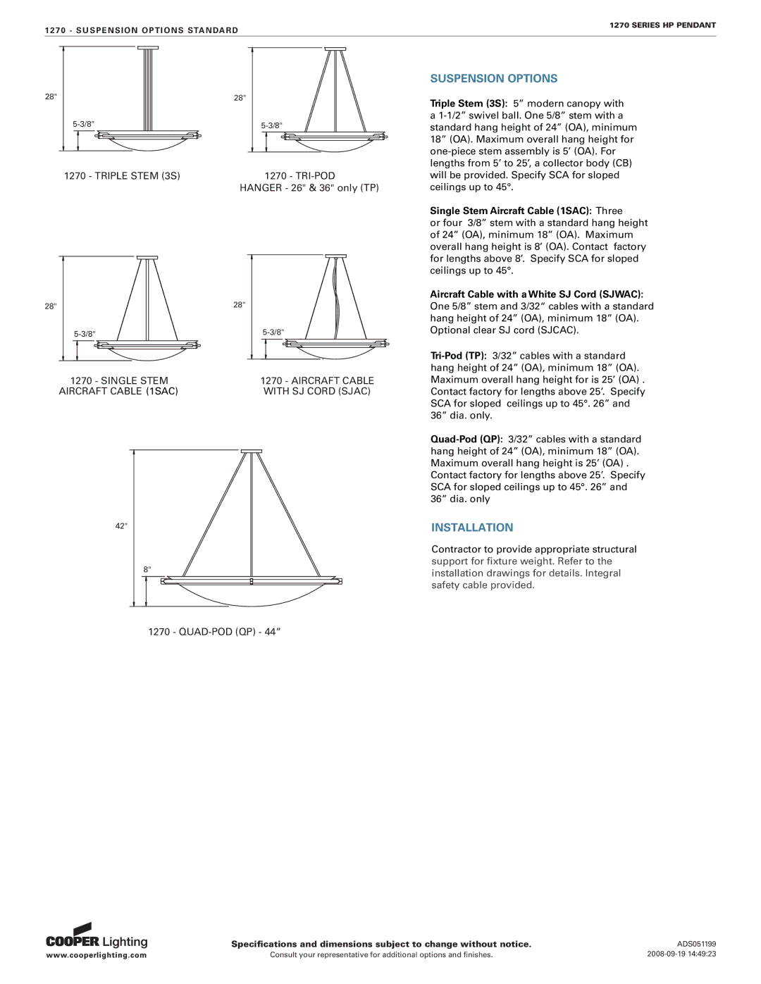 Cooper Lighting 1270 Series specifications Suspension Options, Installation 