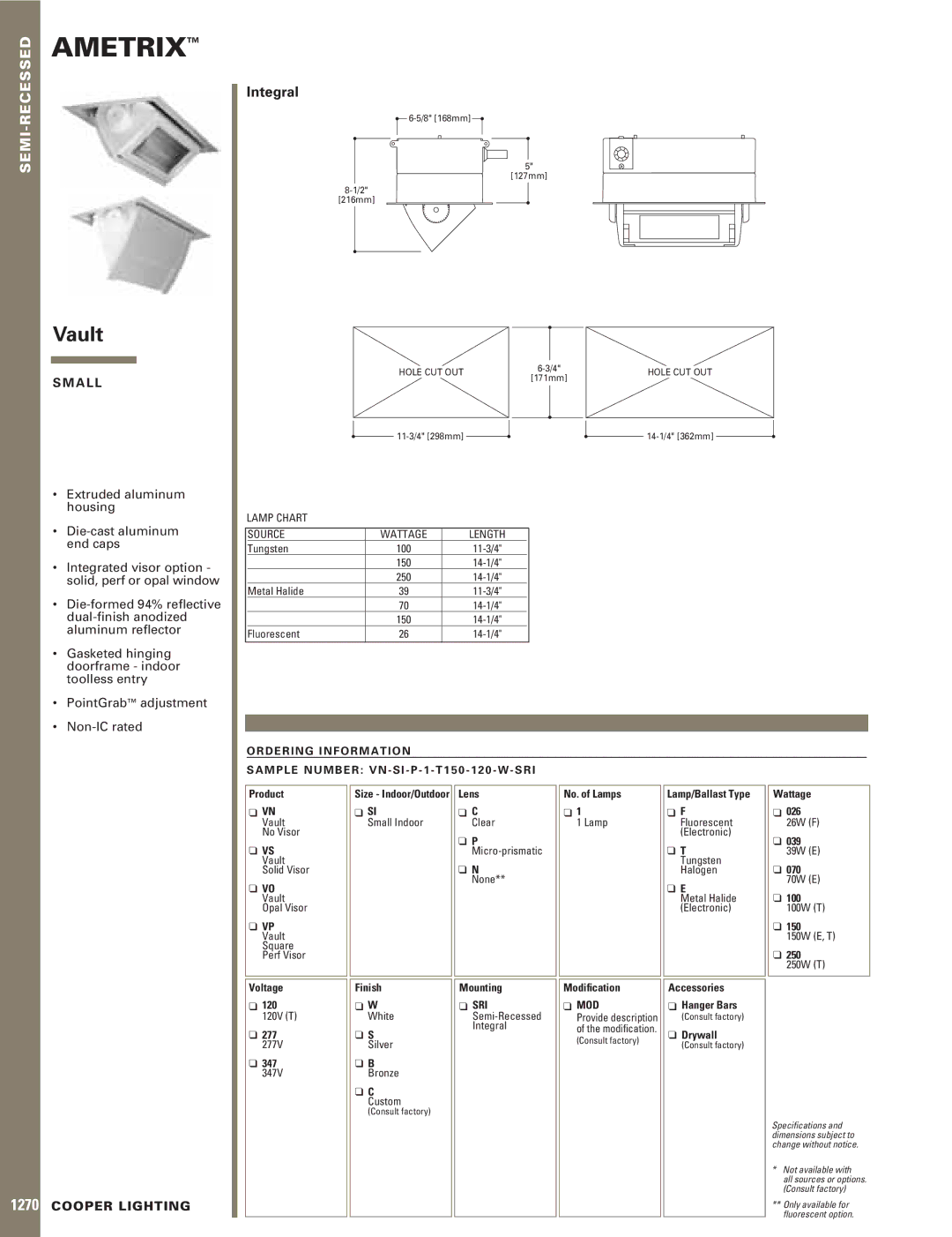 Cooper Lighting 1270 specifications Ametrix, Vault, Integral 