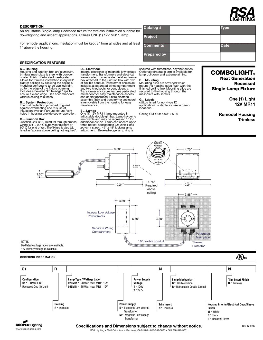 Cooper Lighting 12V MR11 specifications Housing, System Protection, Junction Box, Electrical, Lamps, Mounting, Labels 