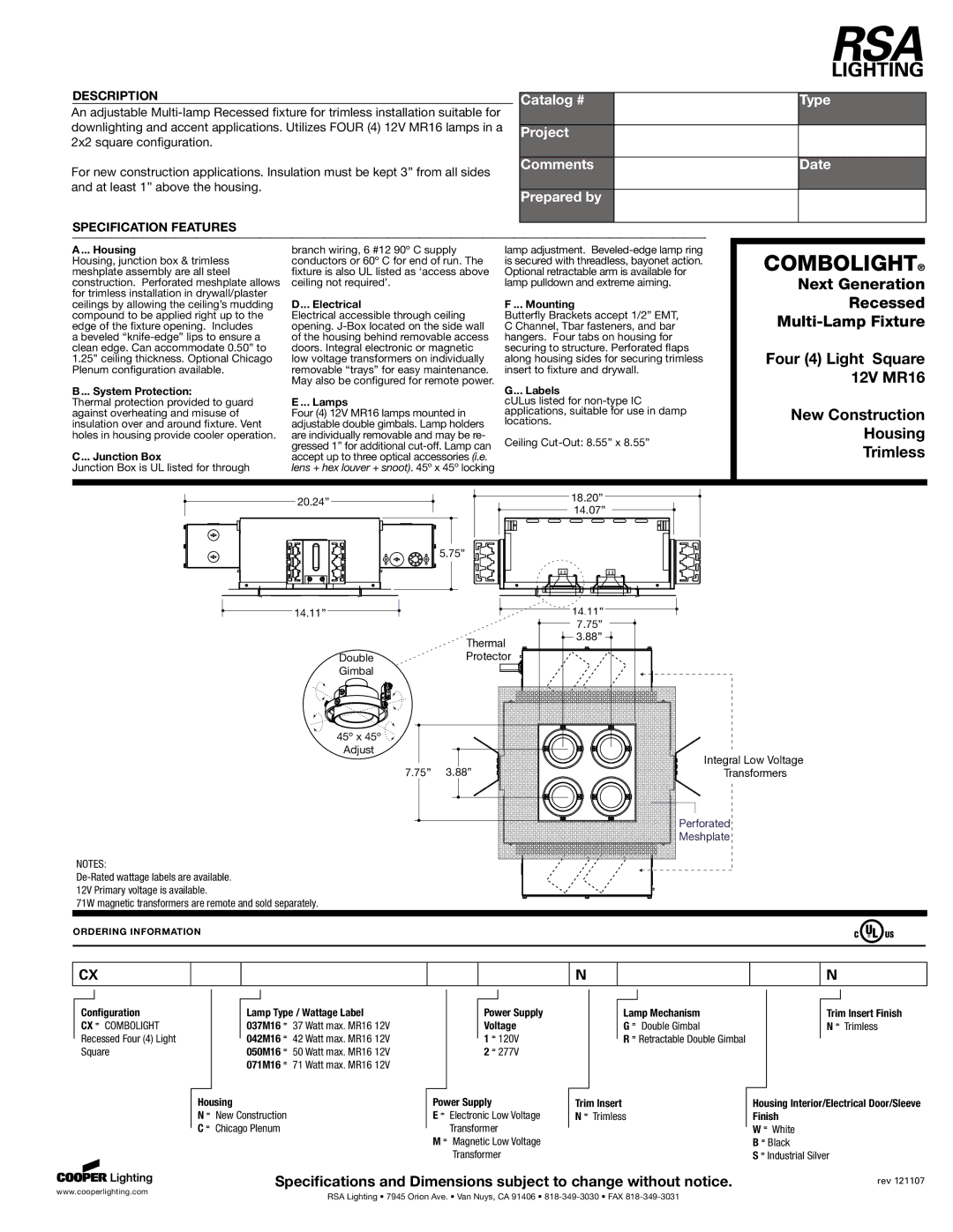 Cooper Lighting 12V MR16 specifications Housing, System Protection, Junction Box, Electrical, Lamps, Mounting, Labels 