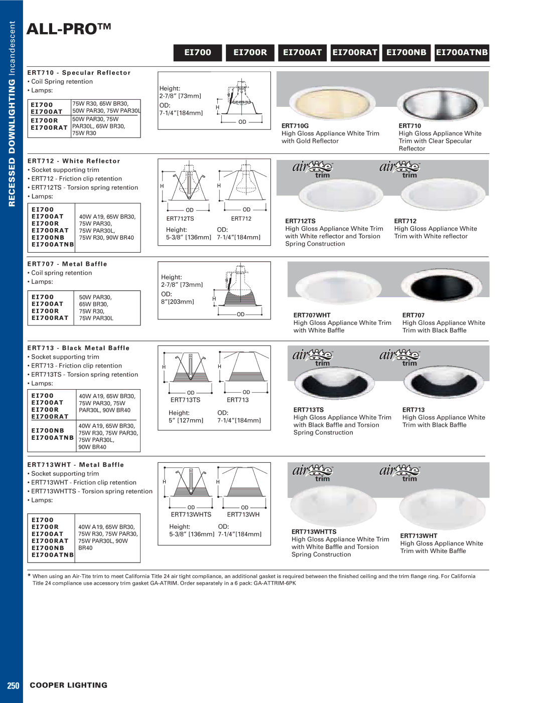 Cooper Lighting 13079-15HP, 13078-16HP manual ERT710G, ERT712TS, ERT707WHT, ERT713TS, ERT713WHTTS 