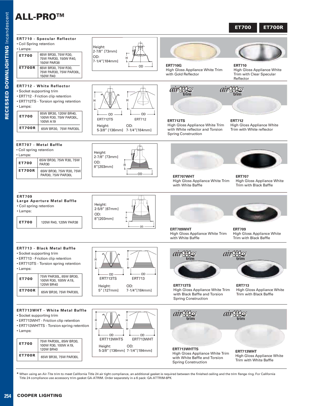 Cooper Lighting 13078-16HP, 13079-15HP manual T 7 0 R g e a p e r t u r e M e t a l B a f f l e, ERT709WHT 