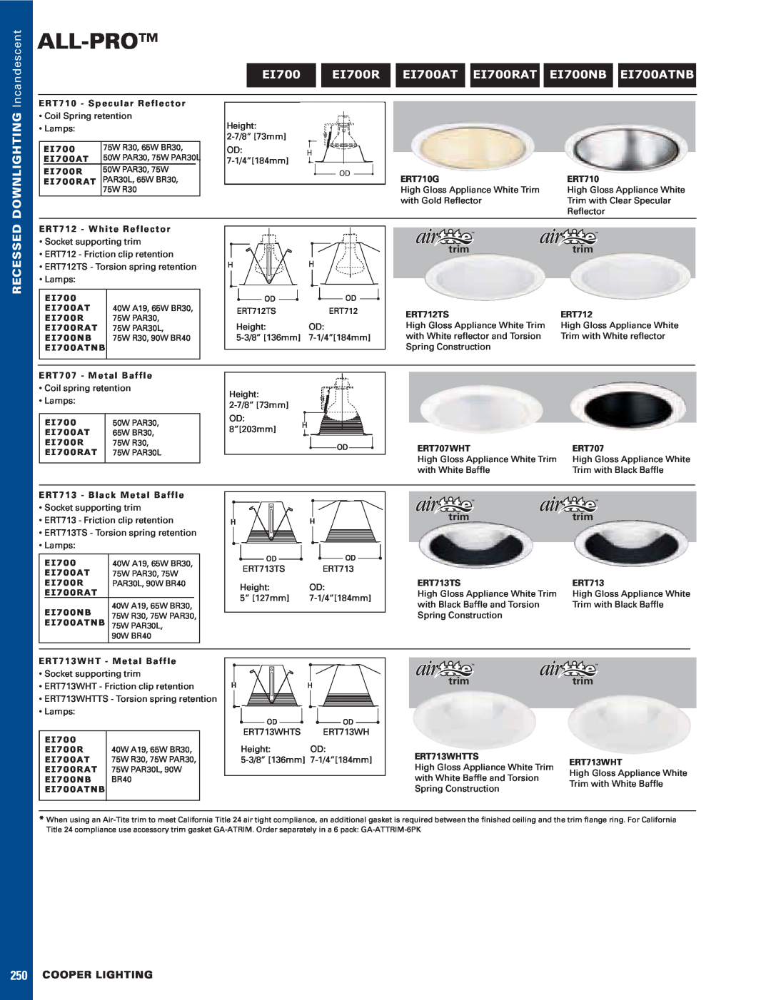 Cooper Lighting 13079-15HP manual All-Pro, Incandescent, EI700 EI700R EI700AT EI700RAT EI700NB EI700ATNB, Downlighting 