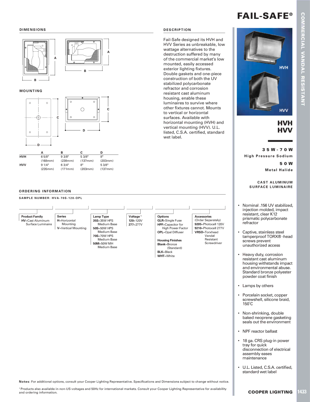 Cooper Lighting HVV, 1433 specifications Fail-Safe, Hvh Hvv, 7 0 W 