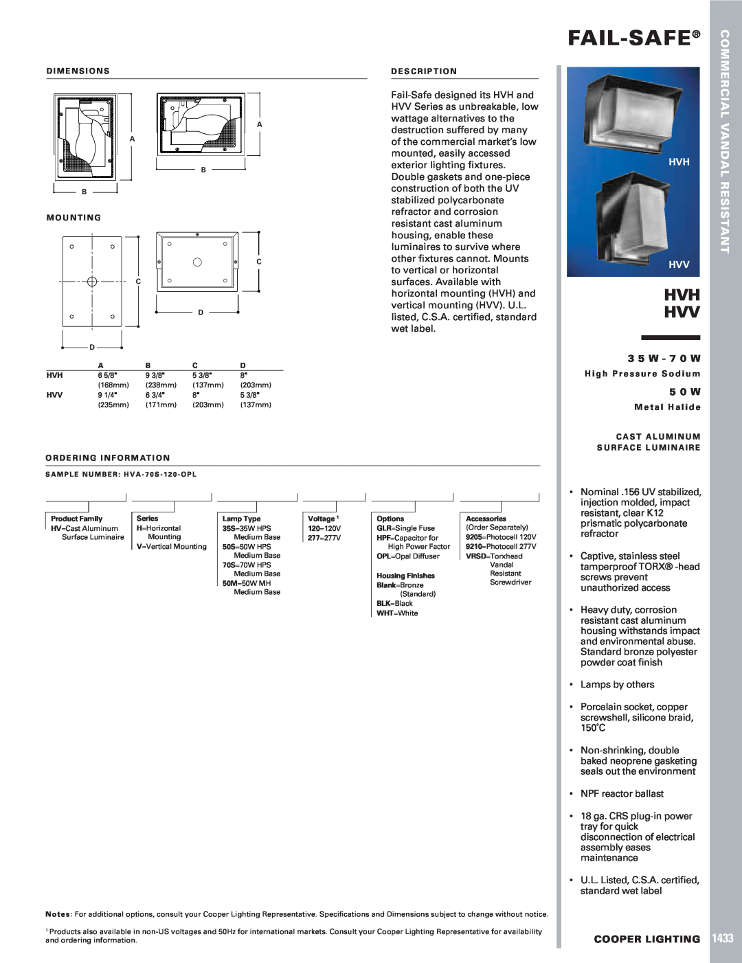Cooper Lighting HVV, 1433 specifications Fail-Safe, Hvh Hvv, Vandal, Resistant, 3 5 W - 7 0 W, 5 0 W, Cooper Lighting 