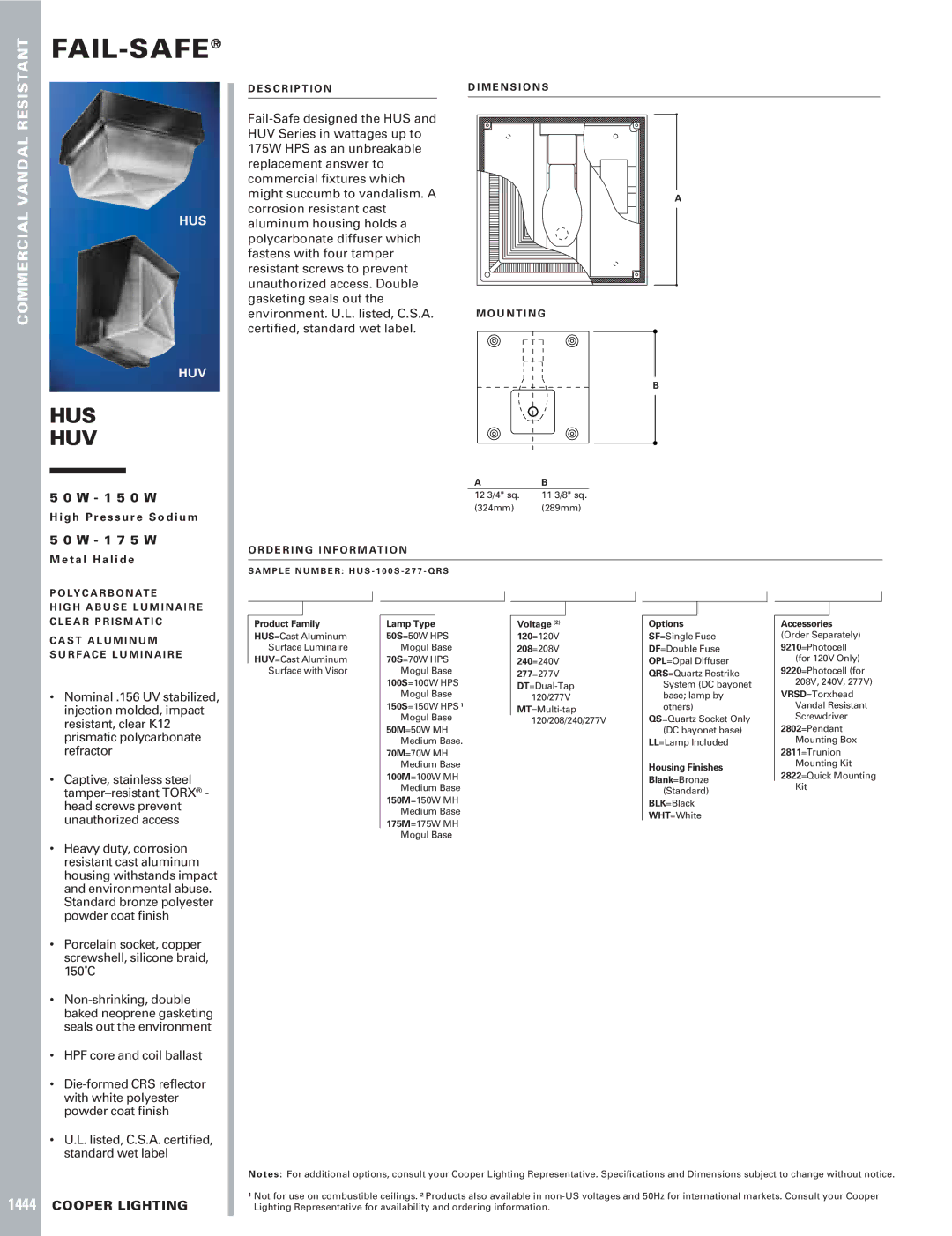 Cooper Lighting HUS, 1444, HUV specifications Fail-Safe, Hus Huv, 1 5 0 W, 1 7 5 W, Cooper Lighting 
