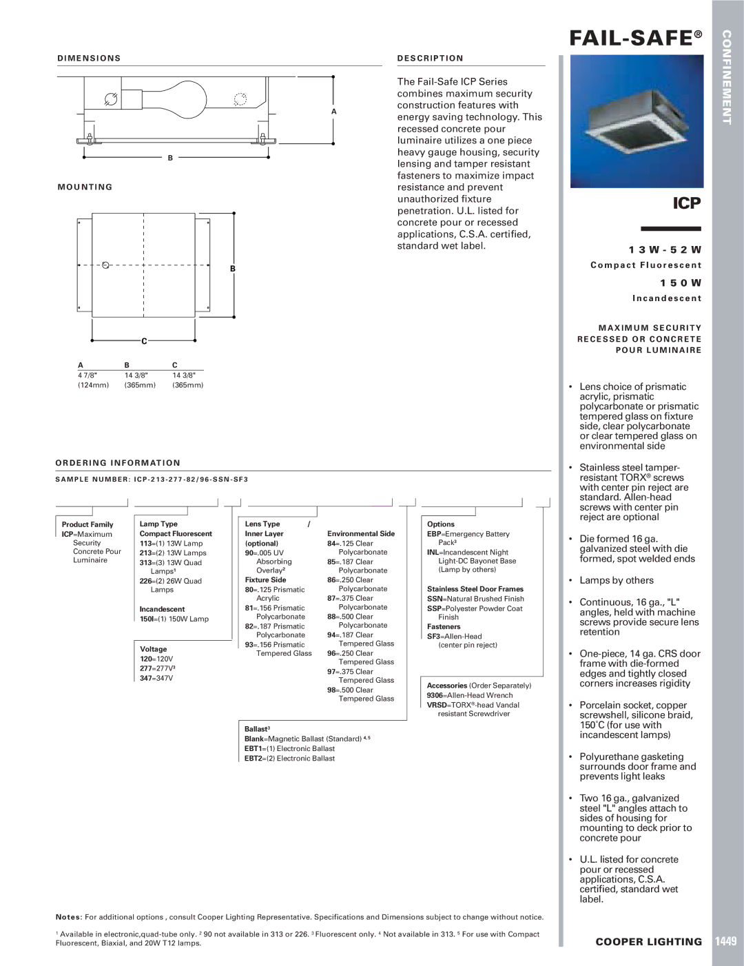 Cooper Lighting ICP, 1449 dimensions Fail-Safe, Icp, 5 2 W, 0 W 