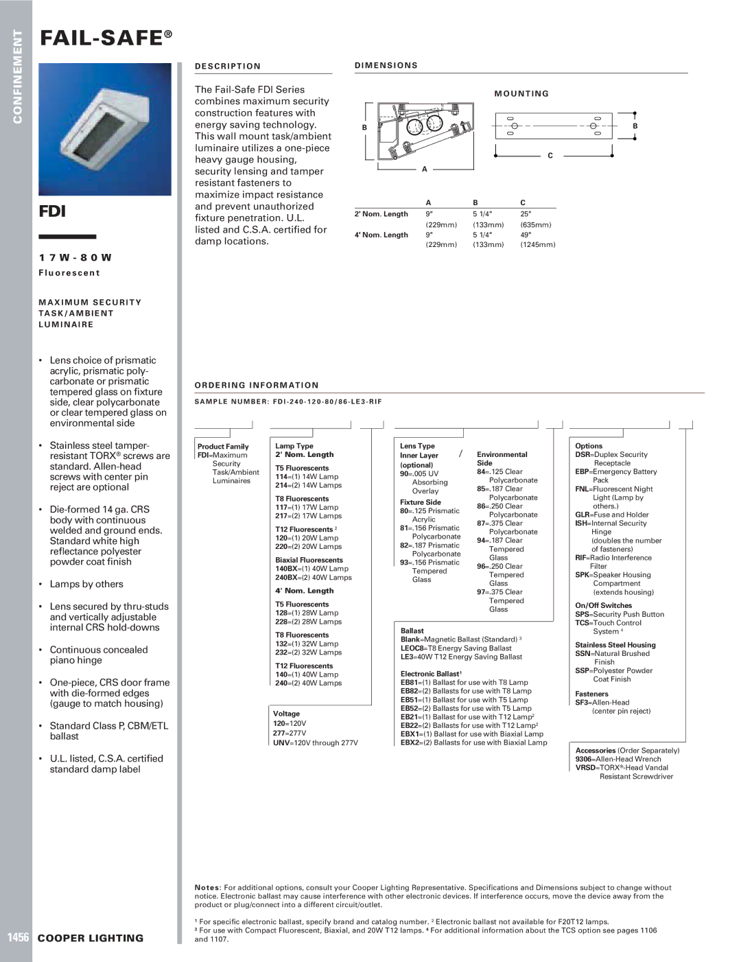 Cooper Lighting 1456 dimensions Lens choice of prismatic, Acrylic, prismatic poly, Carbonate or prismatic, Lamps by others 