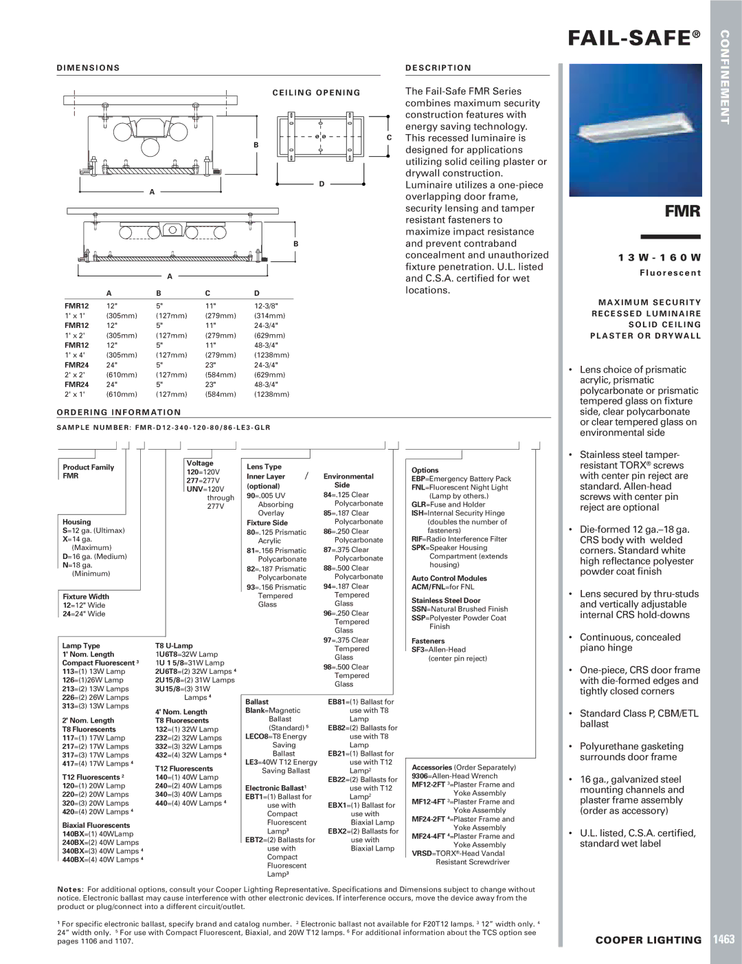 Cooper Lighting FMR dimensions Lens choice of prismatic, Acrylic, prismatic, Polycarbonate or prismatic, Powder coat ﬁnish 