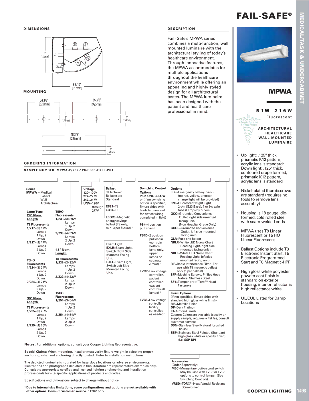 Cooper Lighting 1493 dimensions Fail-Safe, Mpwa, Undercabinet, 2 1 6 W 