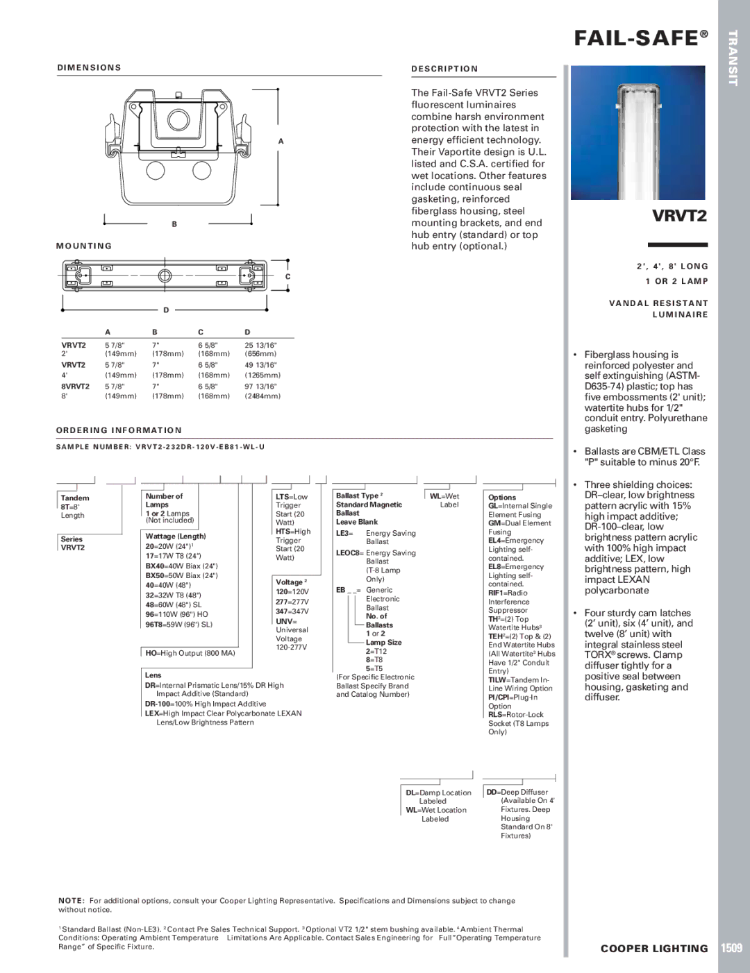 Cooper Lighting 1509 dimensions Fail-Safe, VRVT2 