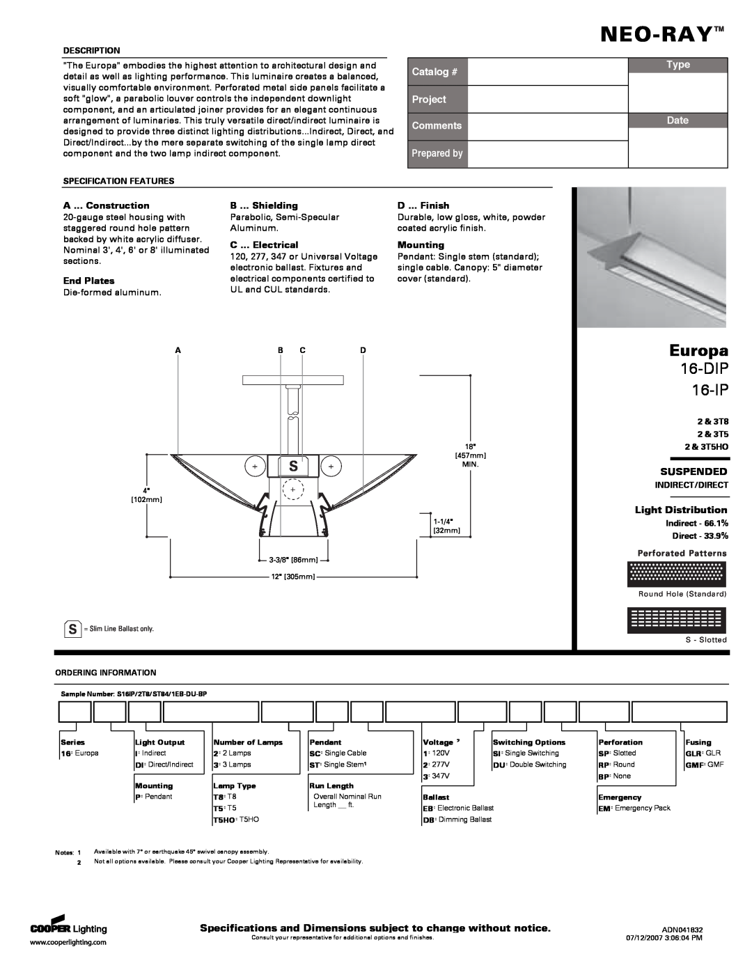 Cooper Lighting 16-DIP specifications Suspended, Light Distribution, Neo-Ray, Europa, DIP 16-IP, Catalog #, Prepared by 