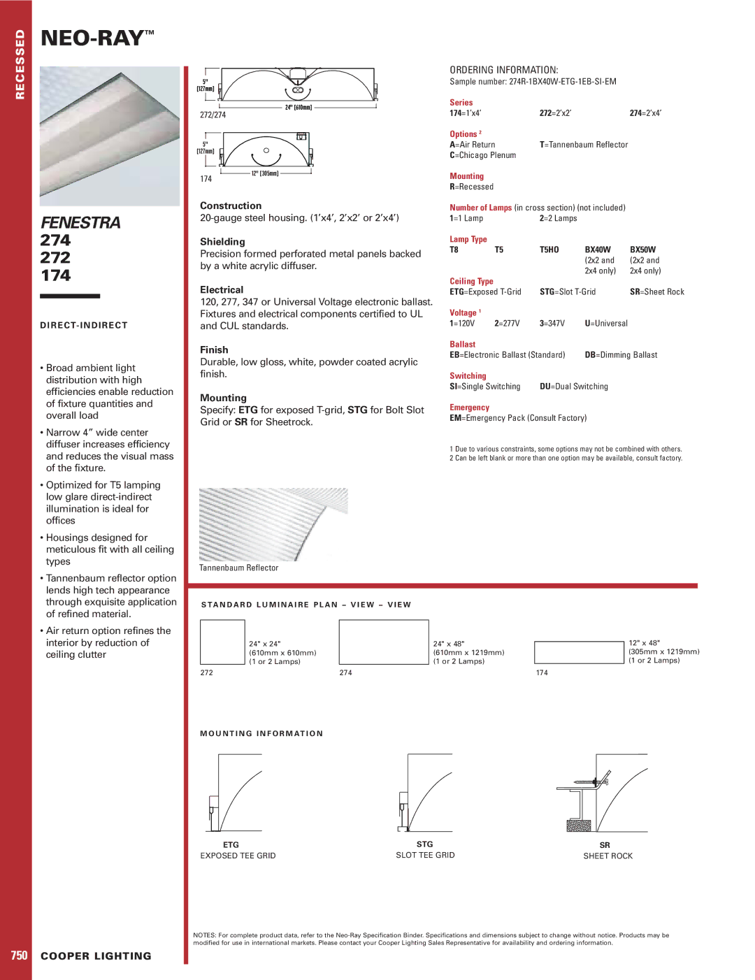 Cooper Lighting 272, 174, 274 specifications Construction, Shielding, Electrical, Finish, Mounting 