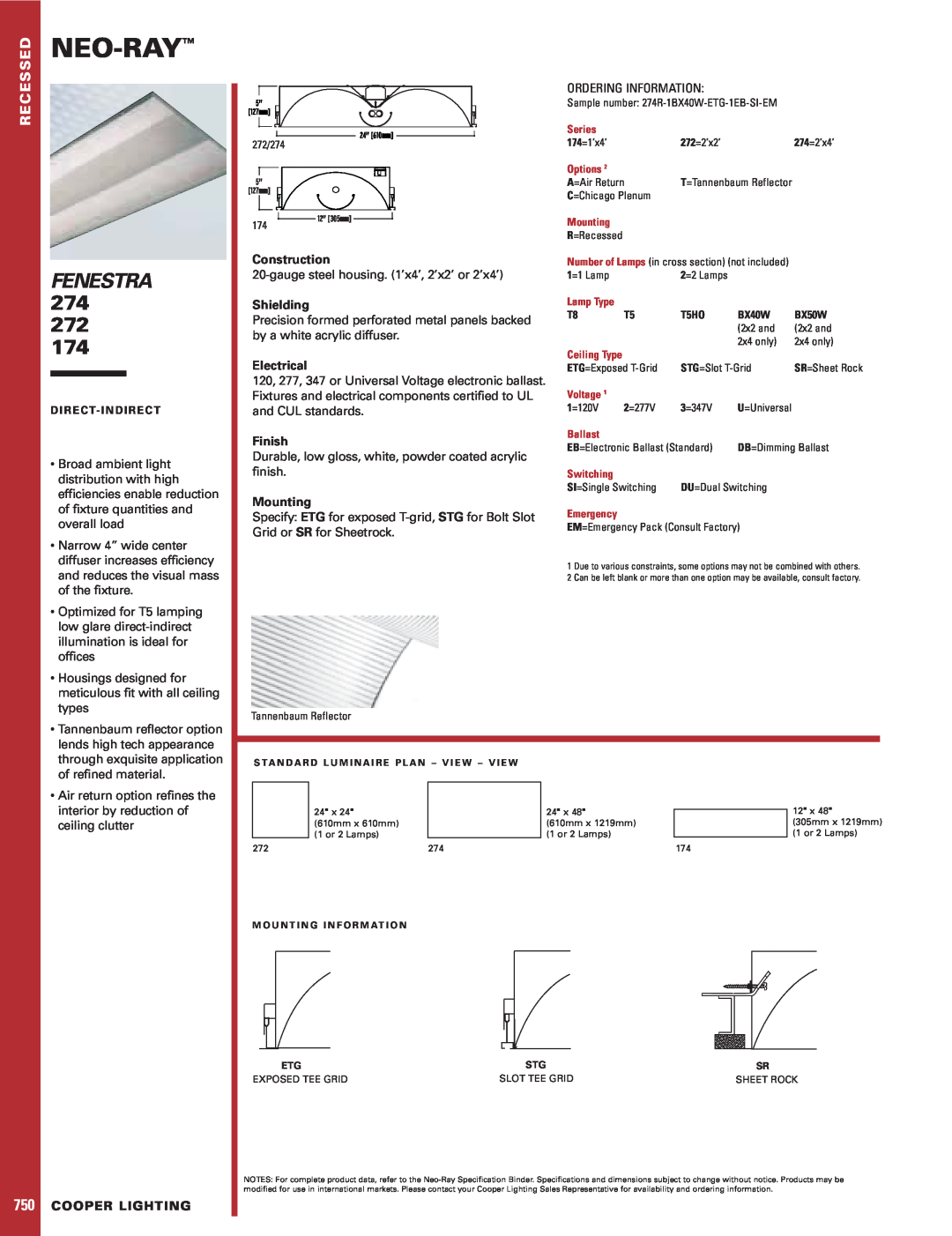 Cooper Lighting 272, 174 specifications Neo-Ray, Fenestra, Construction, Shielding, Electrical, Finish, Cooper Lighting 