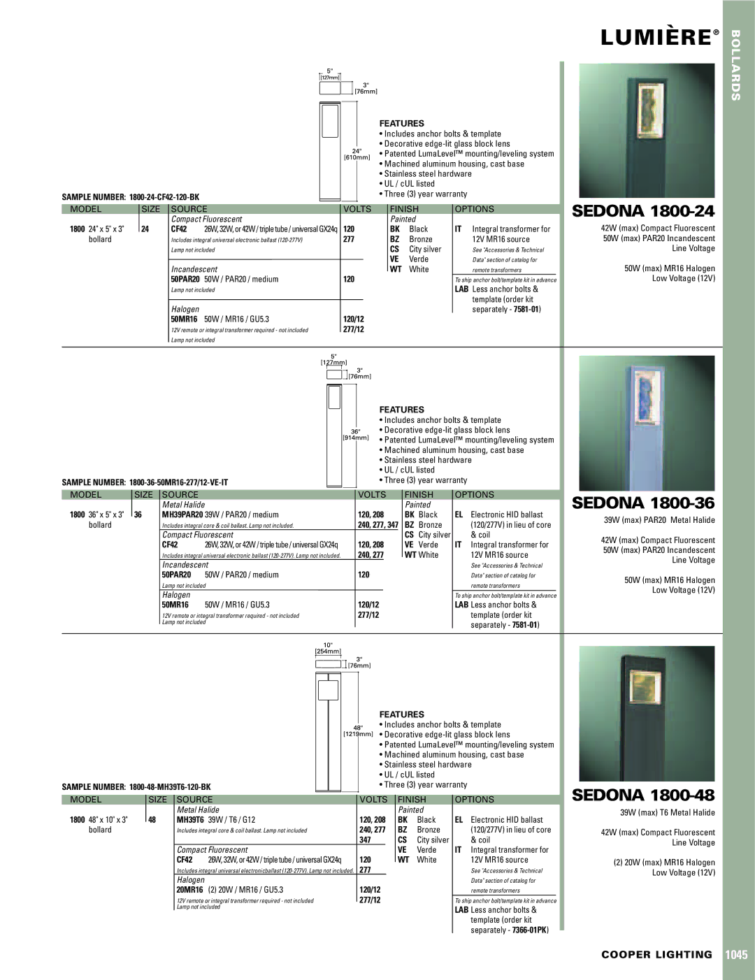 Cooper Lighting 1800-24, 1800-48, 1800-36 warranty Lumiere`, Sedona, Features 