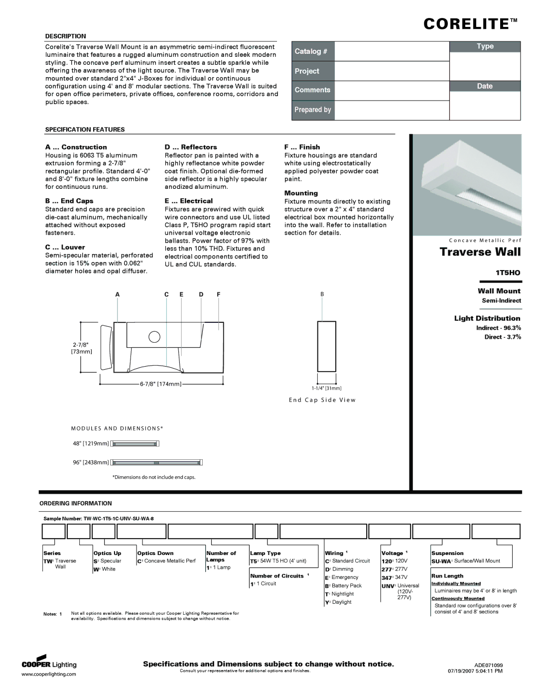 Cooper Lighting 1T5HO specifications Construction, End Caps, Louver, Reflectors, Electrical, Finish, Mounting 