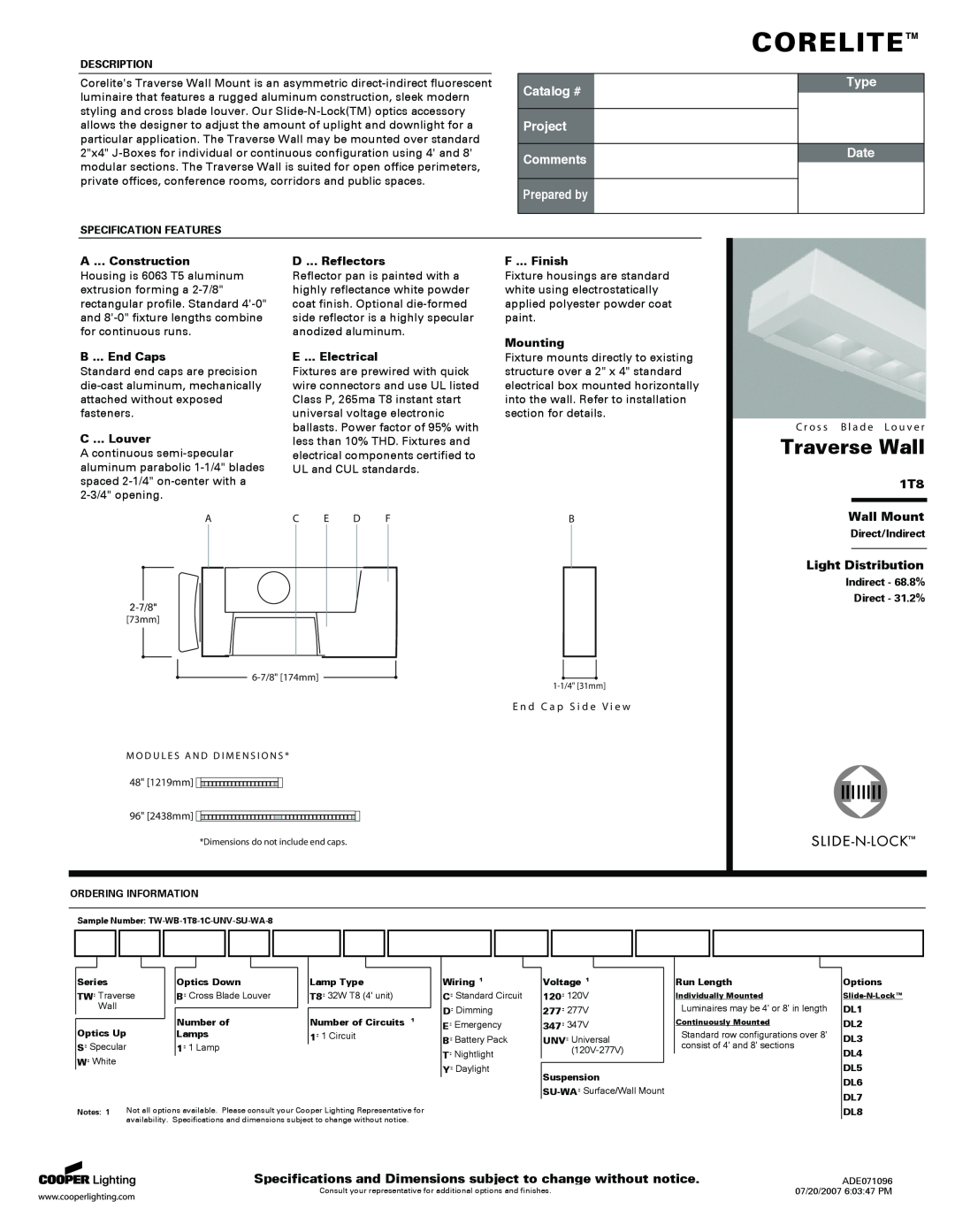 Cooper Lighting specifications 1T8 Wall Mount, Light Distribution, Corelite, Traverse Wall, Catalog #, Project Comments 