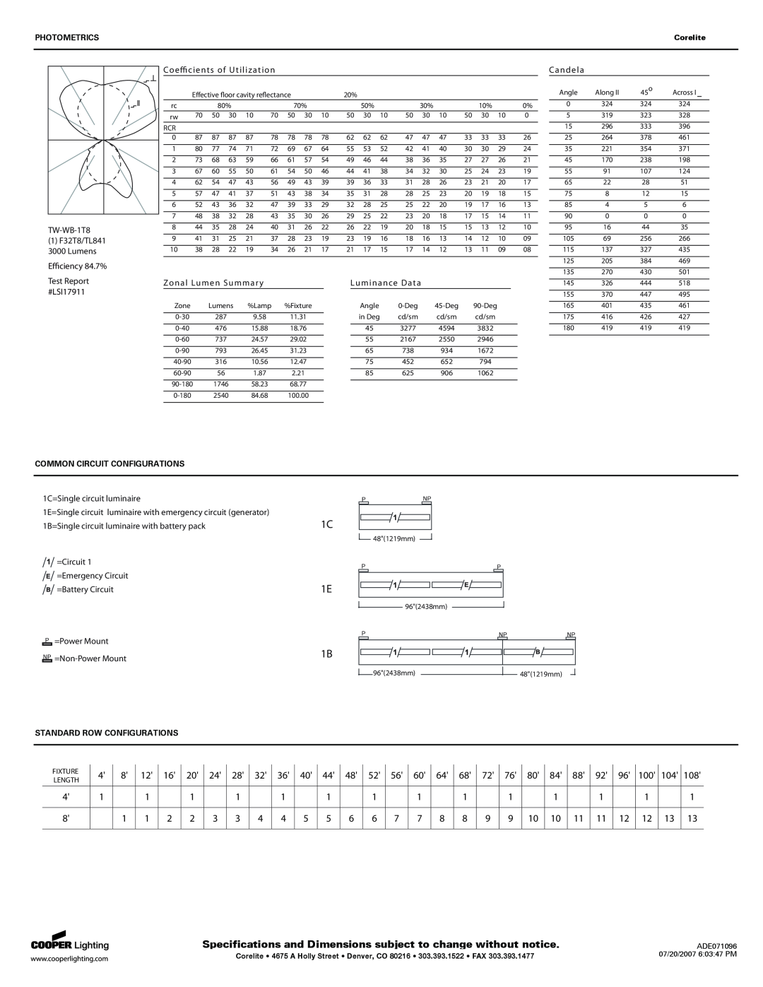 Cooper Lighting 1T8 specifications PHOTOMETRICSCorelite, Common Circuit Configurations, Standard Row Configurations 