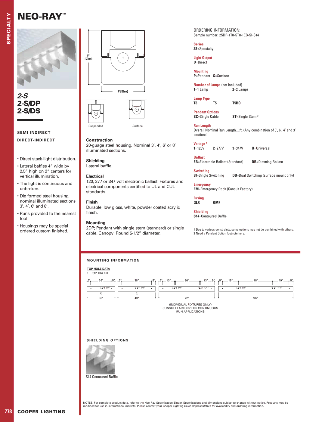 Cooper Lighting 2-S/DS, 2-S/DP specifications Construction, Shielding, Electrical, Finish, Mounting 