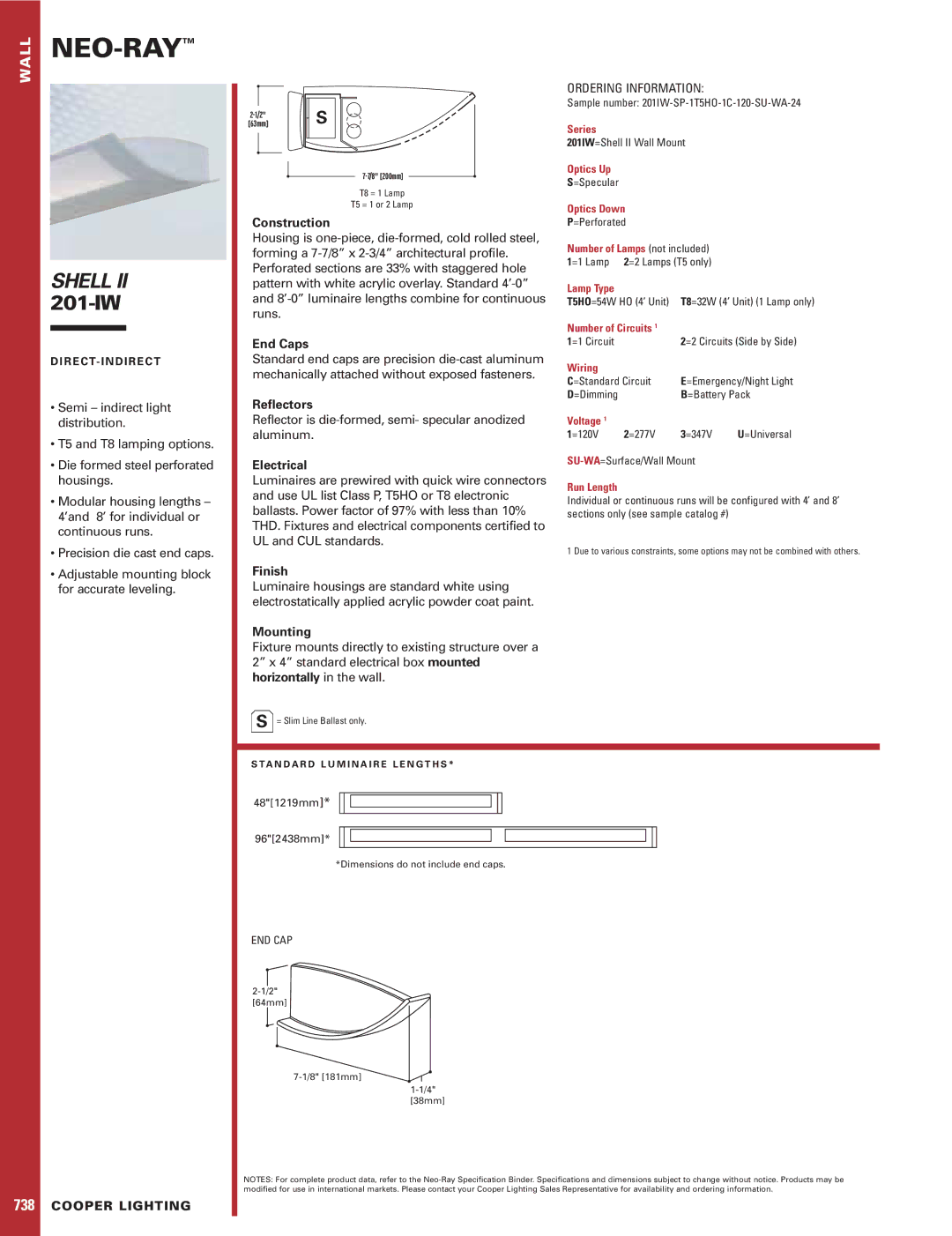 Cooper Lighting 738, 201-IW specifications Construction, End Caps, Reflectors, Electrical, Finish, Mounting 