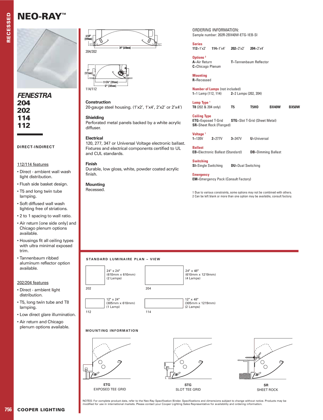 Cooper Lighting 112 specifications Neo-Ray, Fenestra 204 202 114 