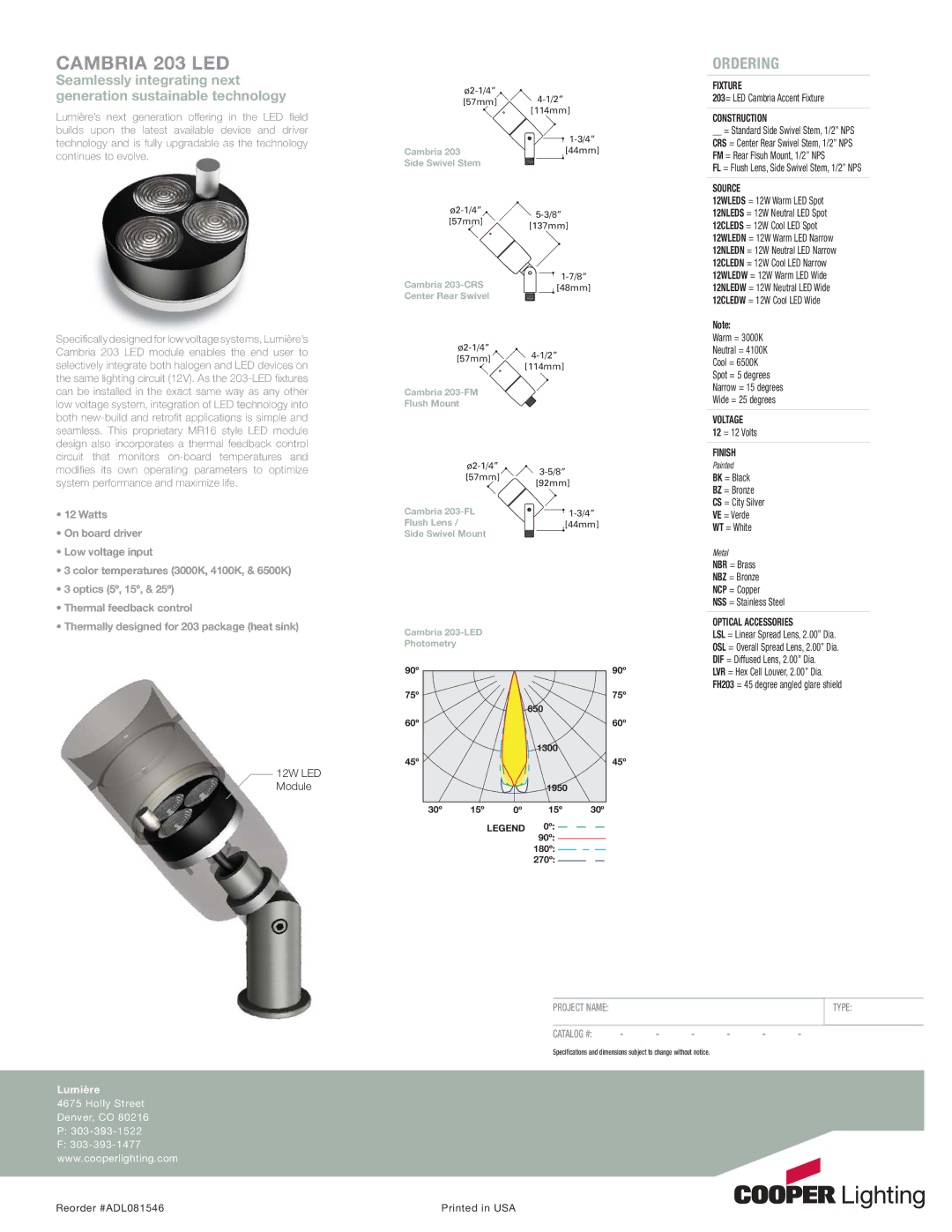 Cooper Lighting manual Cambria 203 LED, Ordering, Lumière 