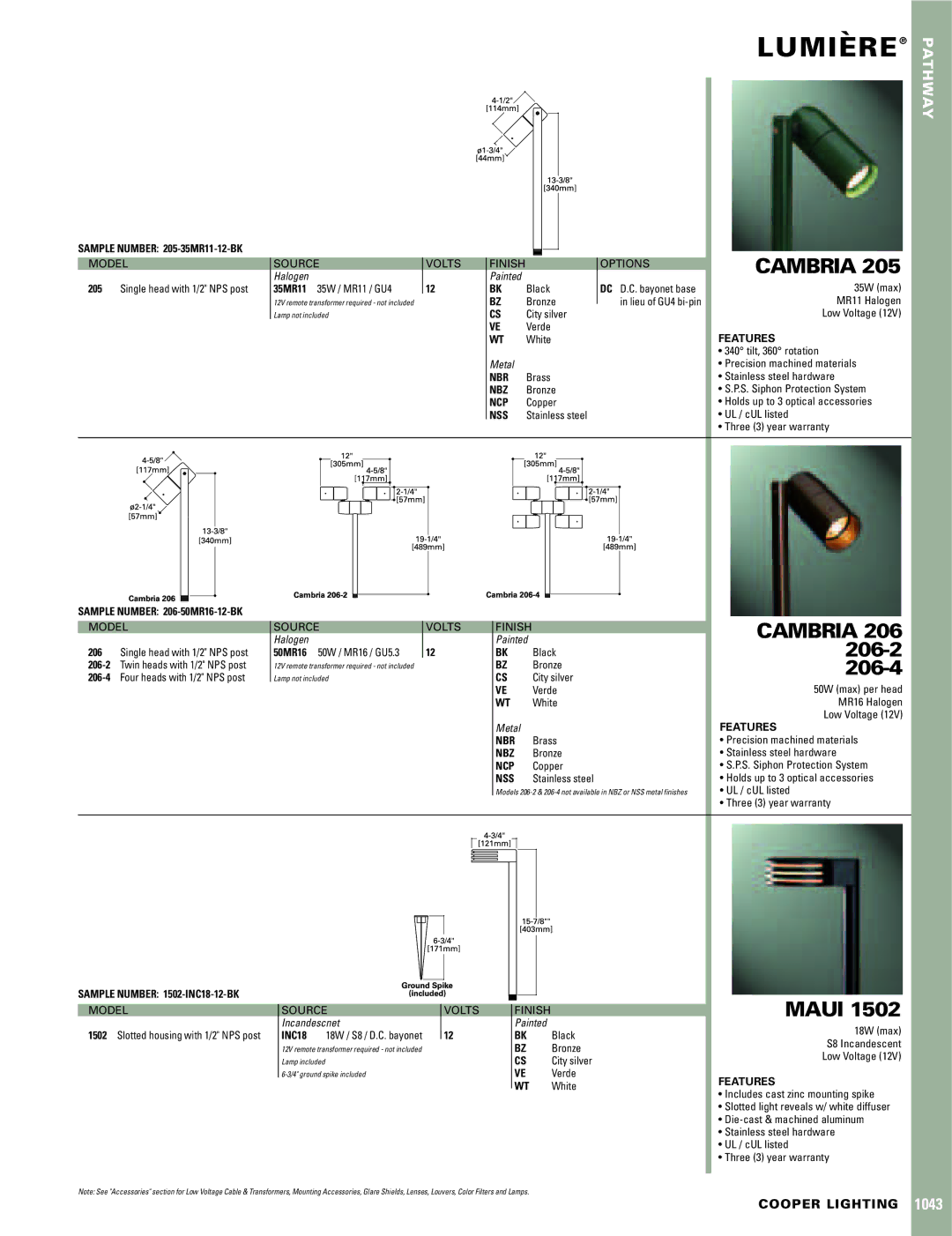 Cooper Lighting 206-4, 205 warranty Lumiere`, Cambria, 206-2, Maui 