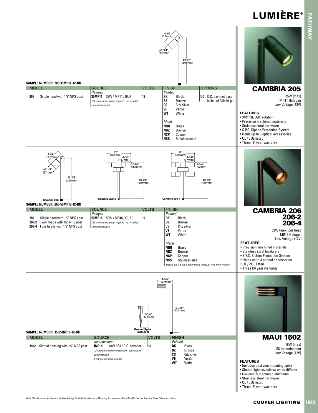 Cooper Lighting 206-4, 205 warranty Lumiere`, Cambria, 206-2, Maui, Pathway, Cooper Lighting, Halogen, Painted, Metal 