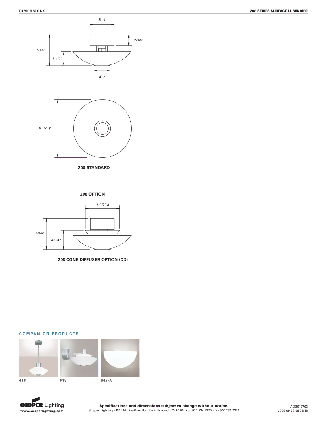 Cooper Lighting 208 specifications Standard Option 