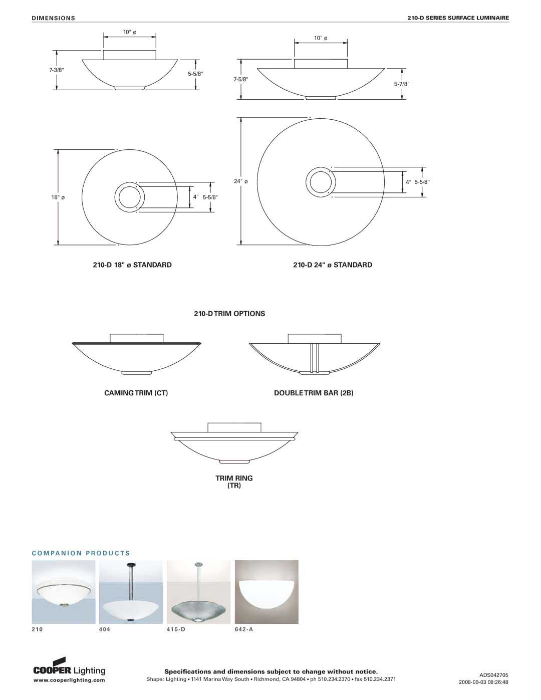 Cooper Lighting 210-D specifications Trim Options Caming Trim CT 