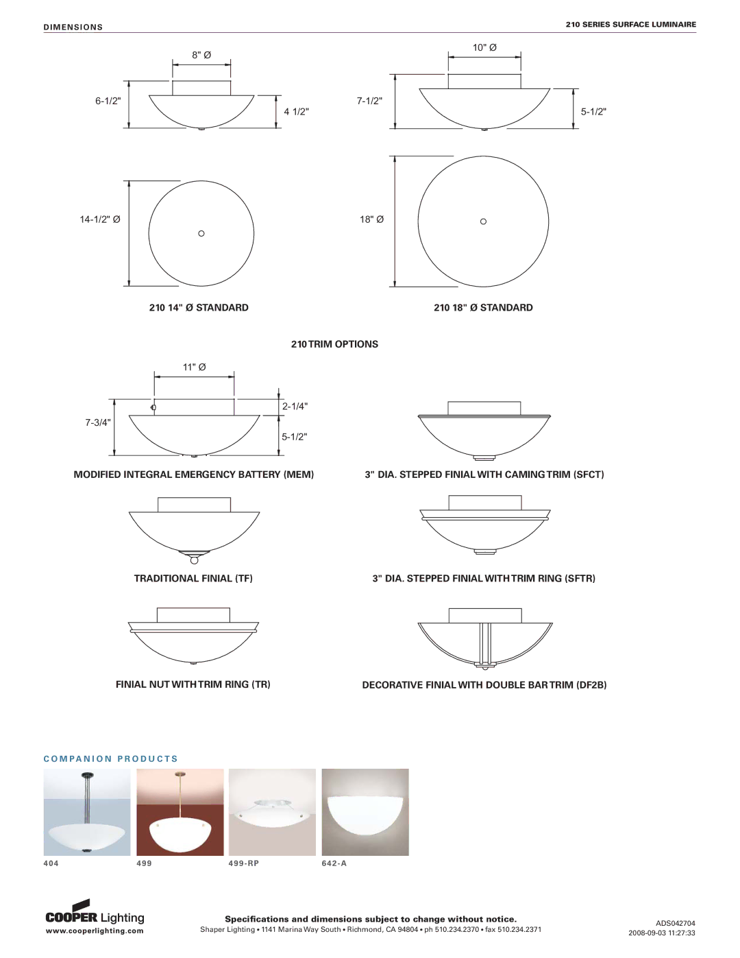 Cooper Lighting 210 SERIES specifications Trim Options 